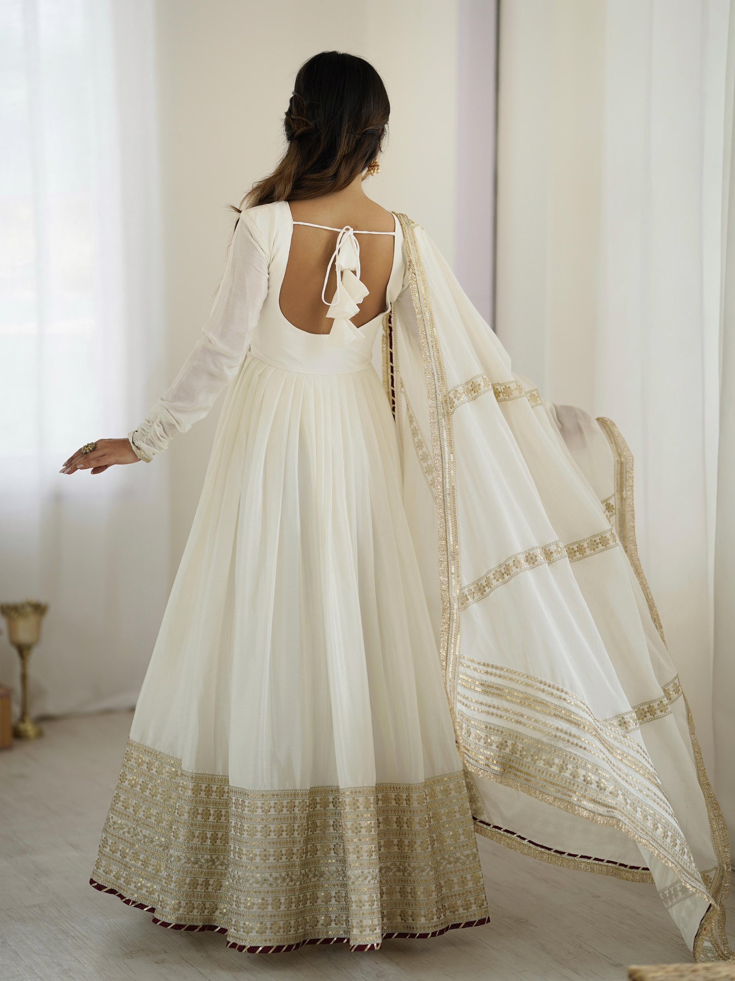Elegant Anarkali With Golden Embroidery And Sheer Dupatta Charm