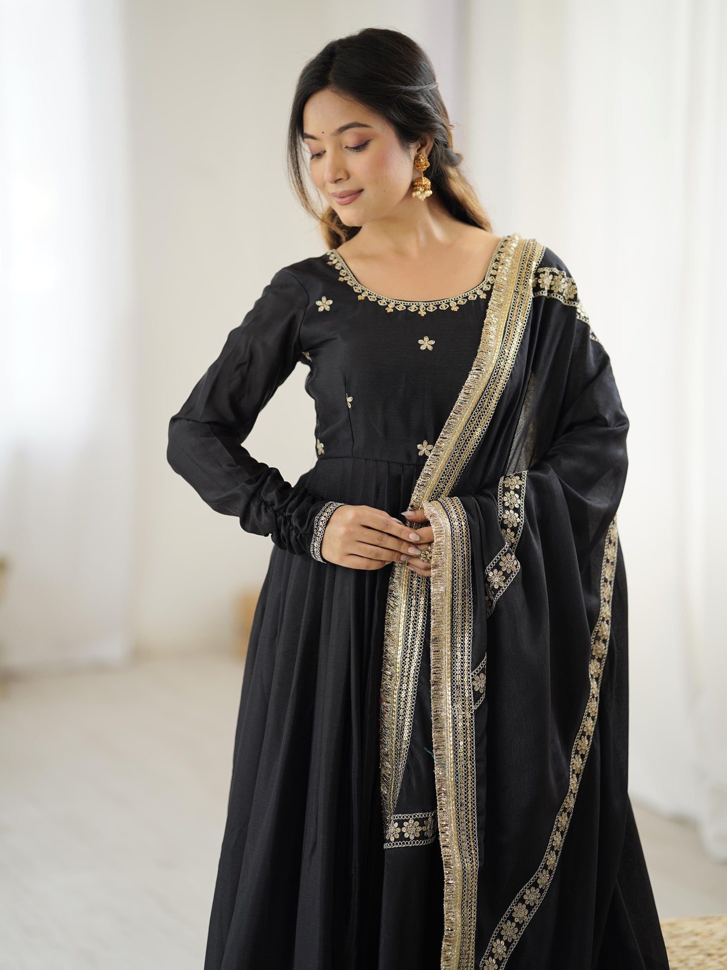 Elegant Anarkali With Golden Embroidery And Sheer Dupatta Charm