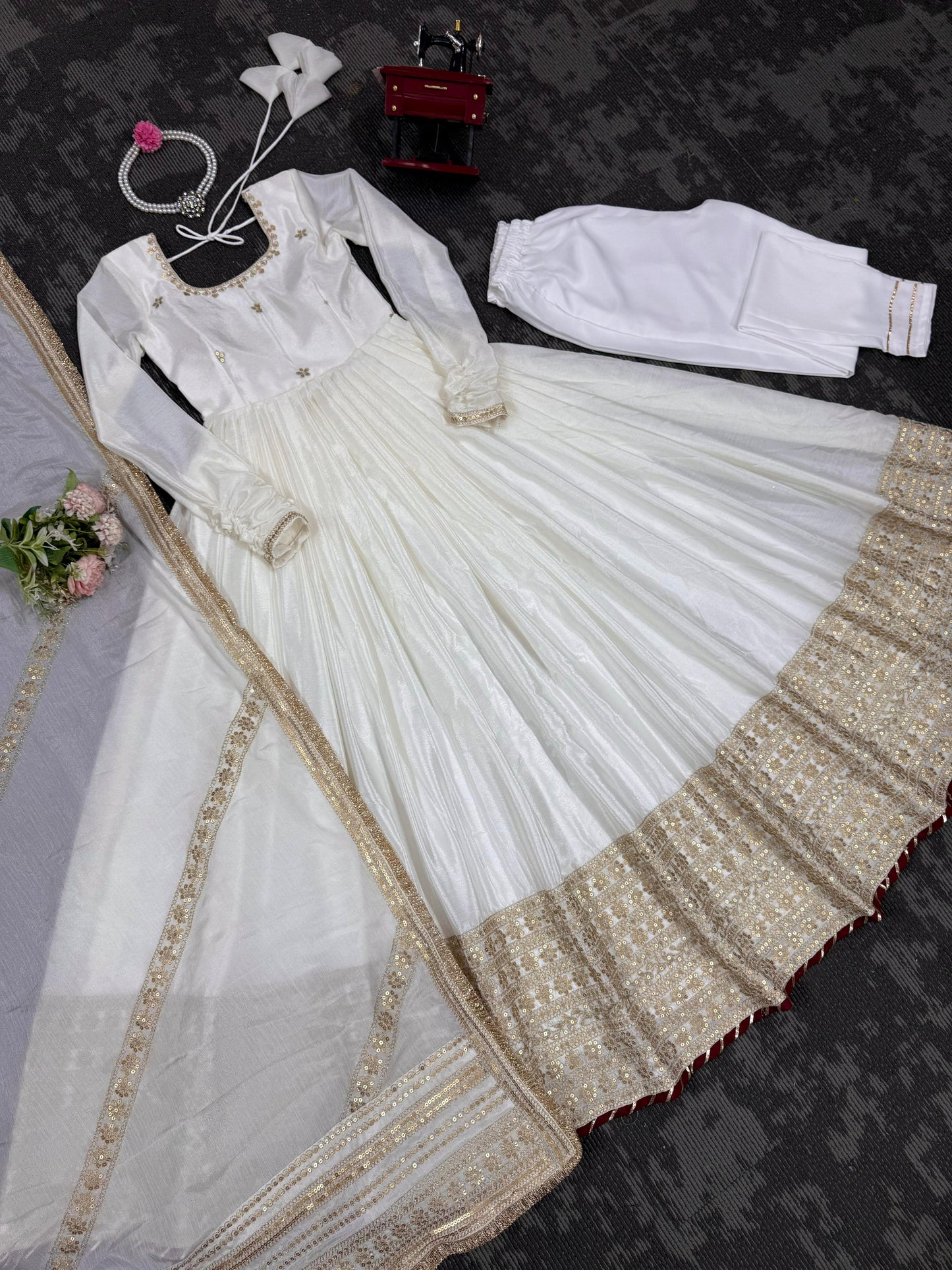 Elegant Anarkali With Golden Embroidery And Sheer Dupatta Charm