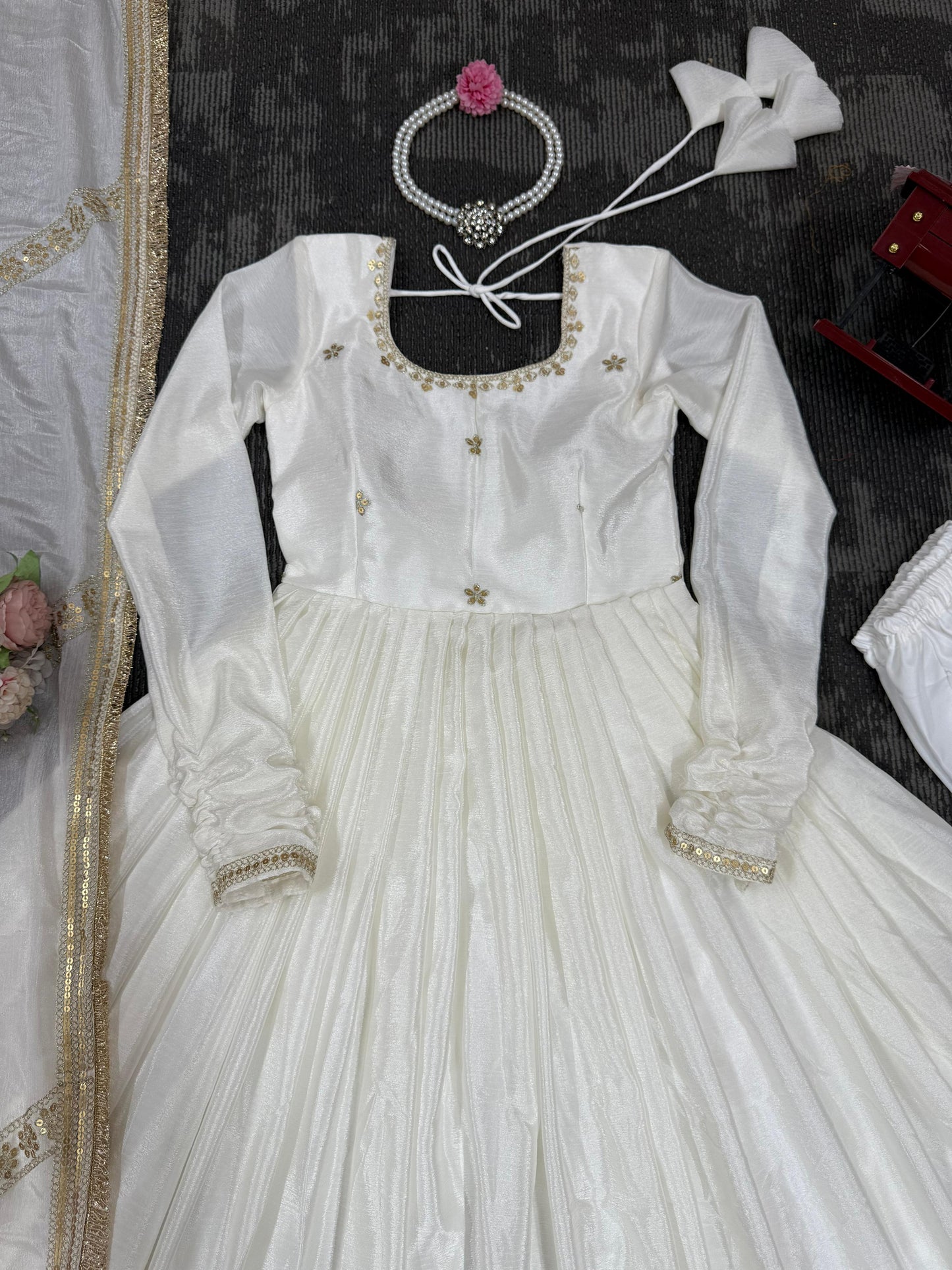 Elegant Anarkali With Golden Embroidery And Sheer Dupatta Charm