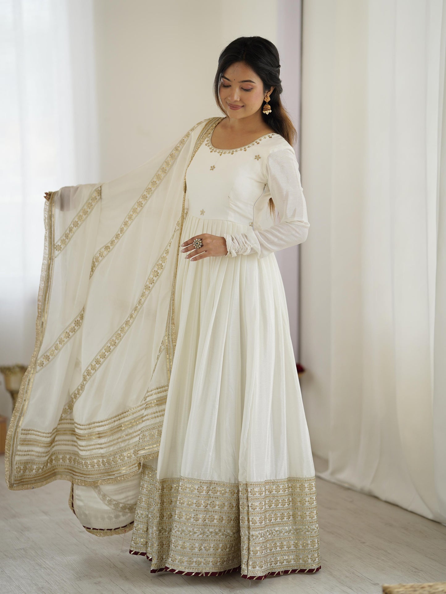 Elegant Anarkali With Golden Embroidery And Sheer Dupatta Charm