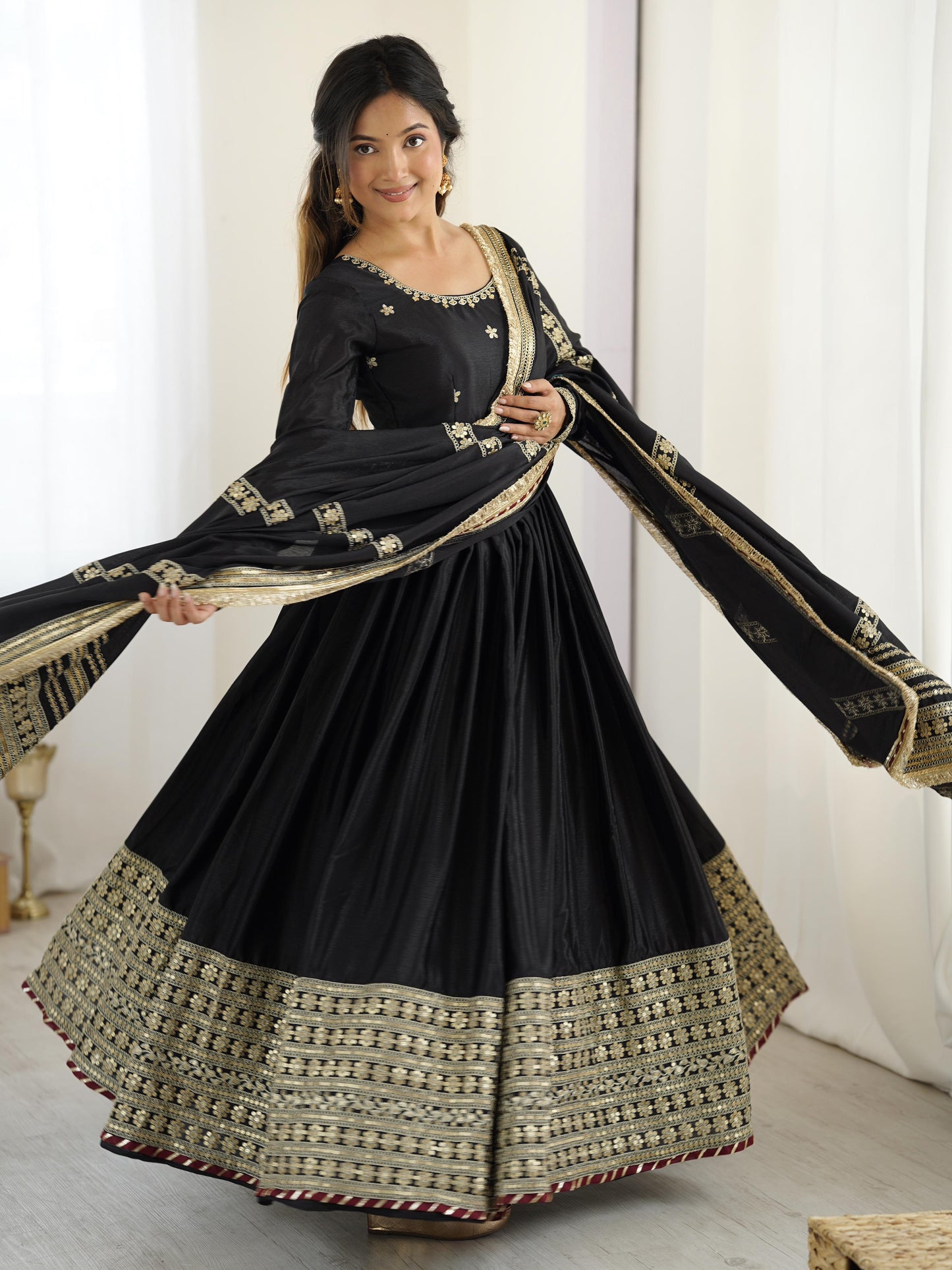 Elegant Anarkali With Golden Embroidery And Sheer Dupatta Charm