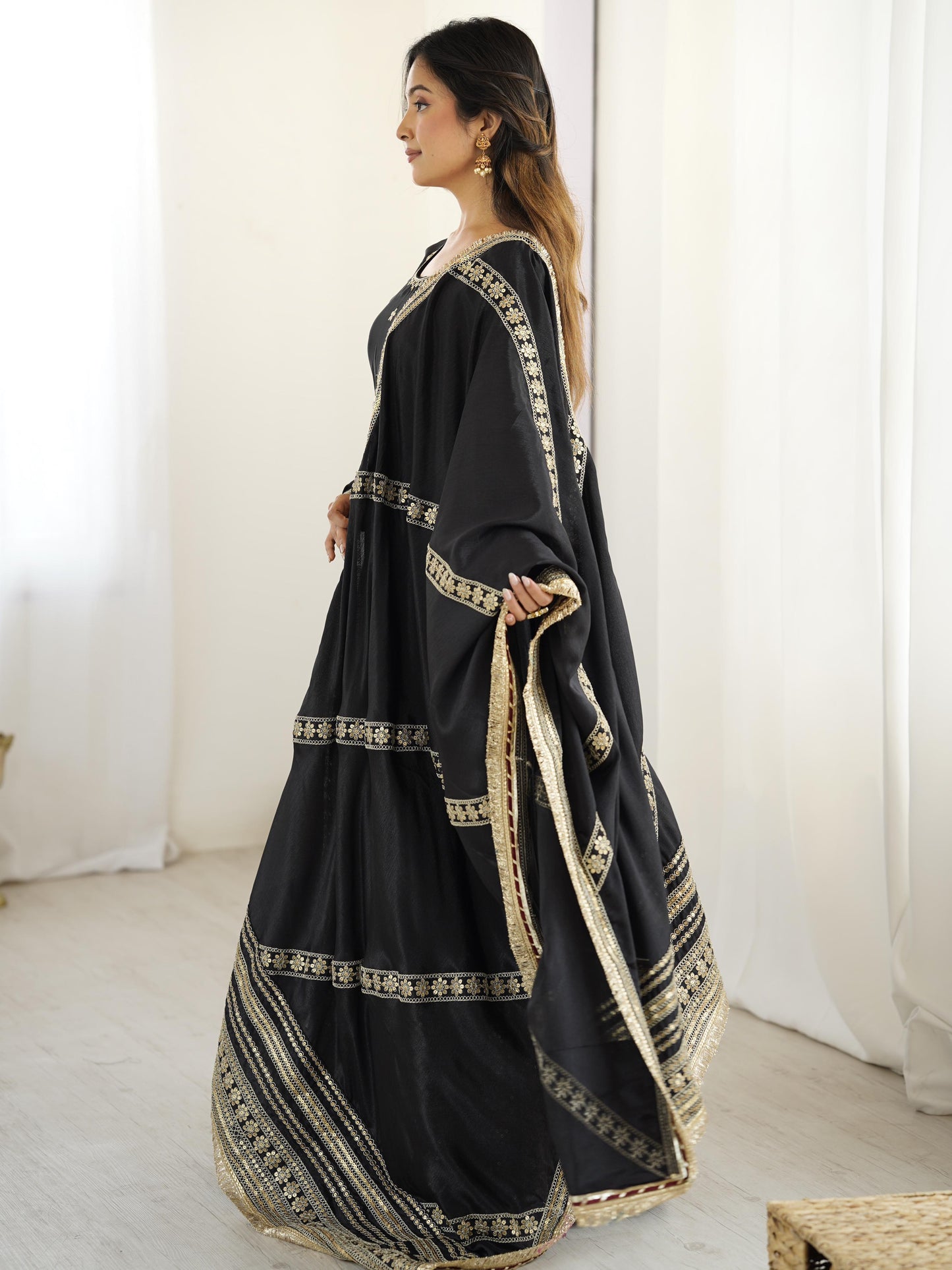 Elegant Anarkali With Golden Embroidery And Sheer Dupatta Charm