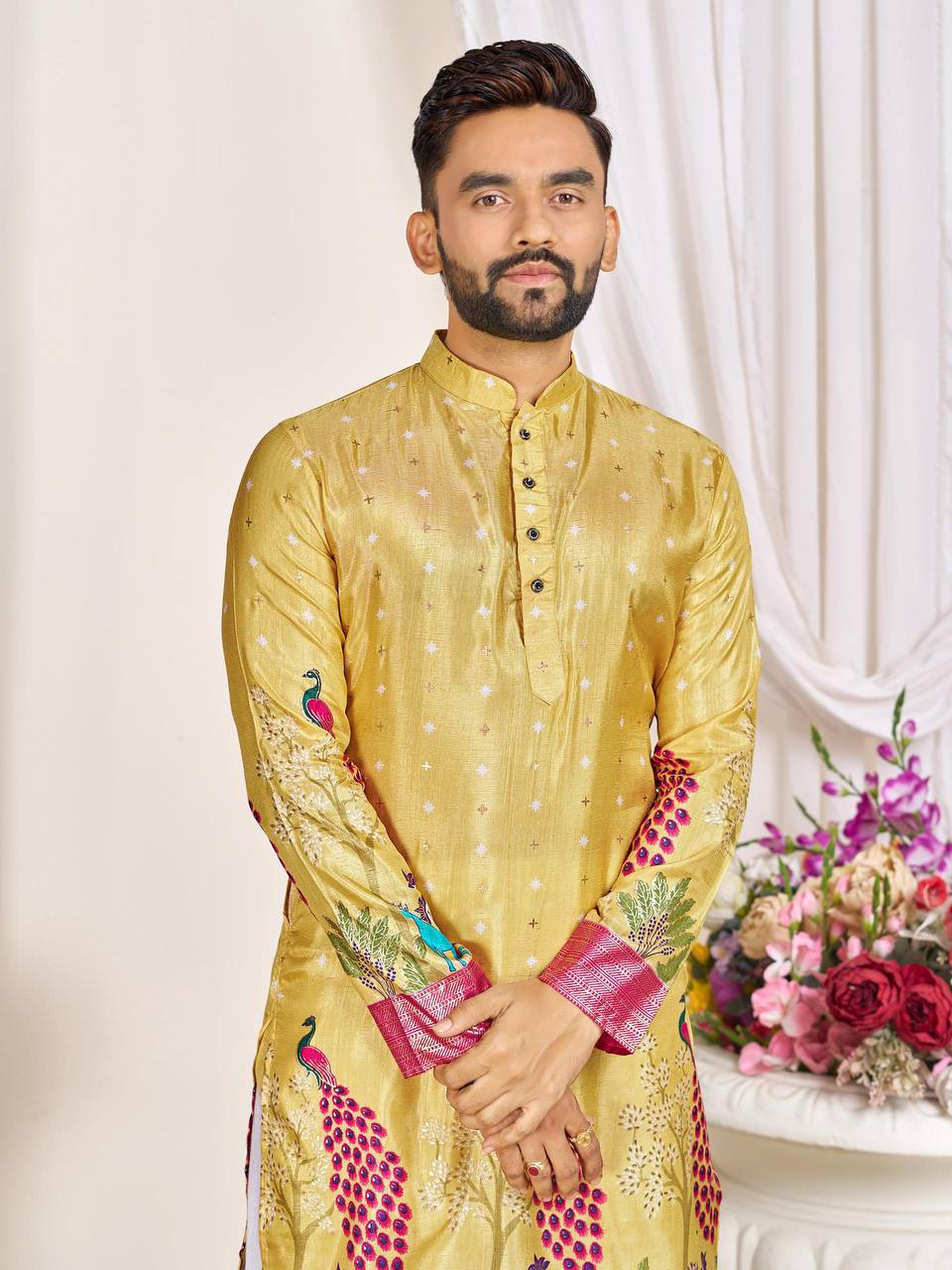 Couple's Matching Peacock Print Ethnic Wear With Floral Designs (Combo)
