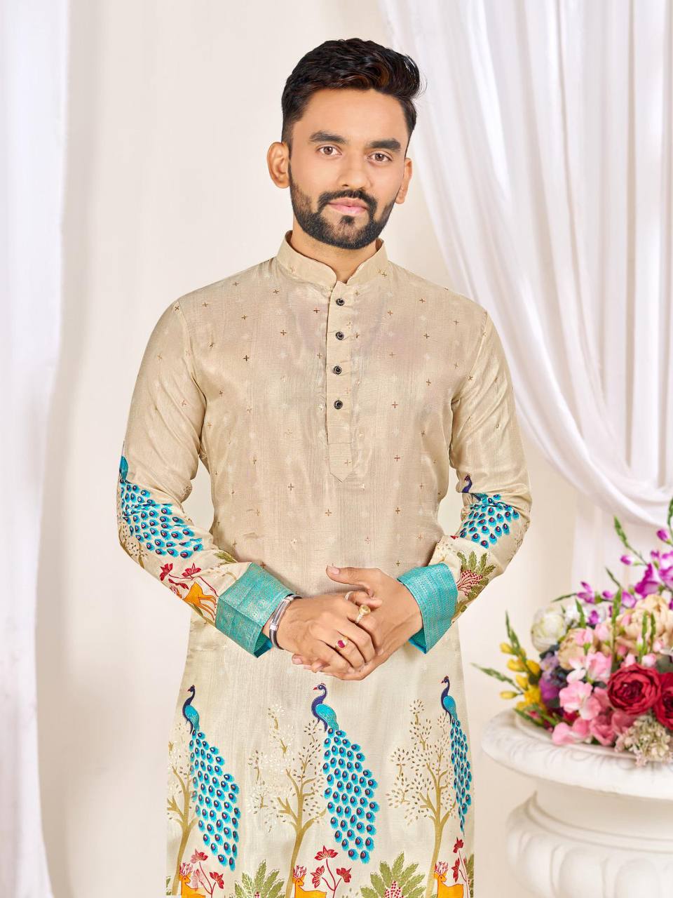 Couple's Matching Peacock Print Ethnic Wear With Floral Designs (Combo)