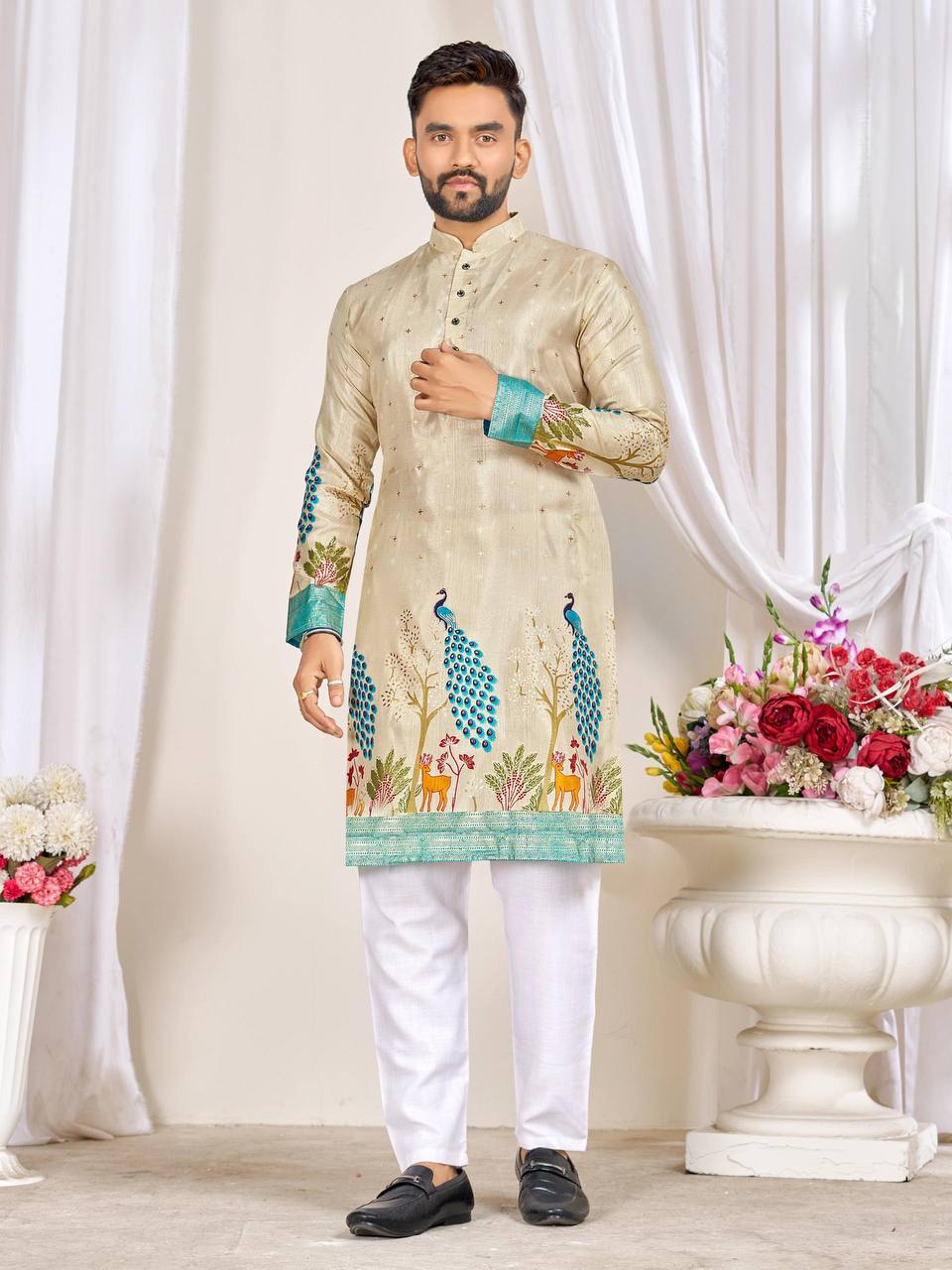 Couple's Matching Peacock Print Ethnic Wear With Floral Designs (Combo)