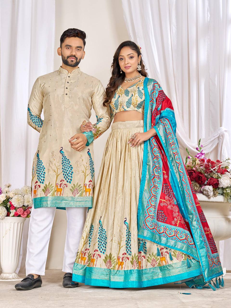 Couple's Matching Peacock Print Ethnic Wear With Floral Designs (Combo)