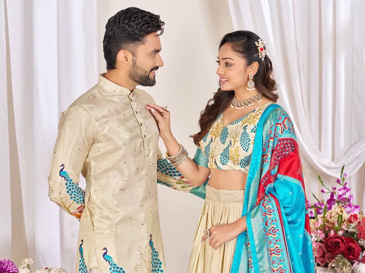 Couple's Matching Peacock Print Ethnic Wear With Floral Designs (Combo)