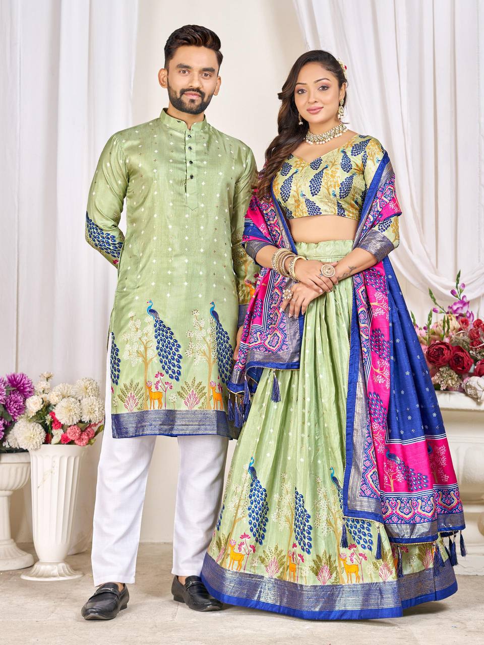 Couple's Matching Peacock Print Ethnic Wear With Floral Designs (Combo)