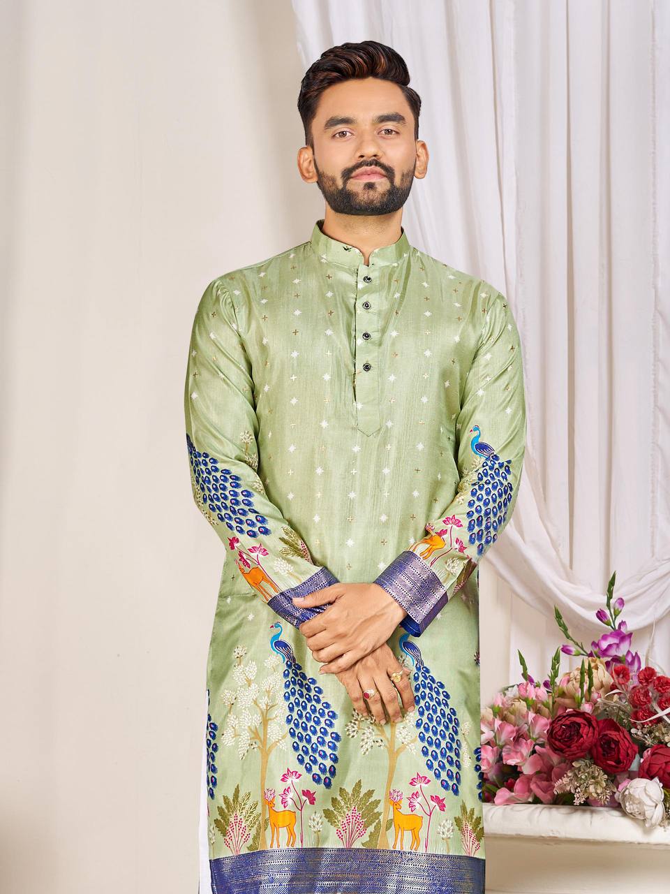 Couple's Matching Peacock Print Ethnic Wear With Floral Designs (Combo)