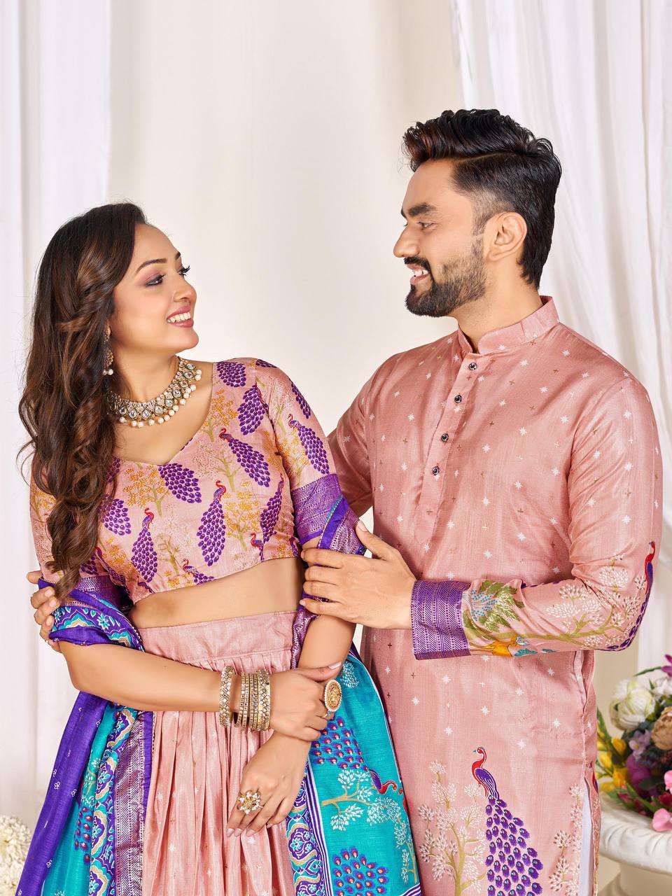 Couple's Matching Peacock Print Ethnic Wear With Floral Designs (Combo)