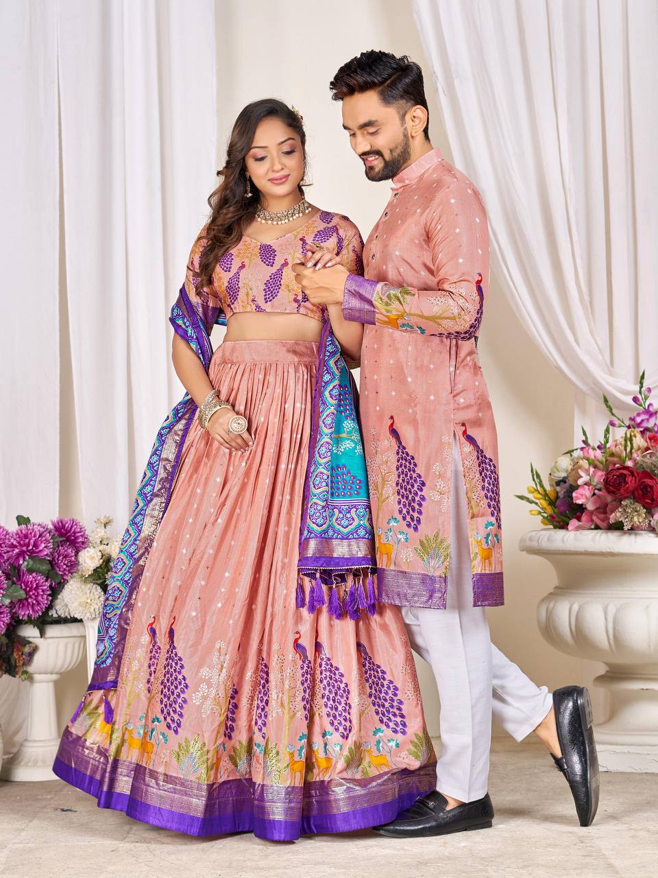 Couple's Matching Peacock Print Ethnic Wear With Floral Designs (Combo)
