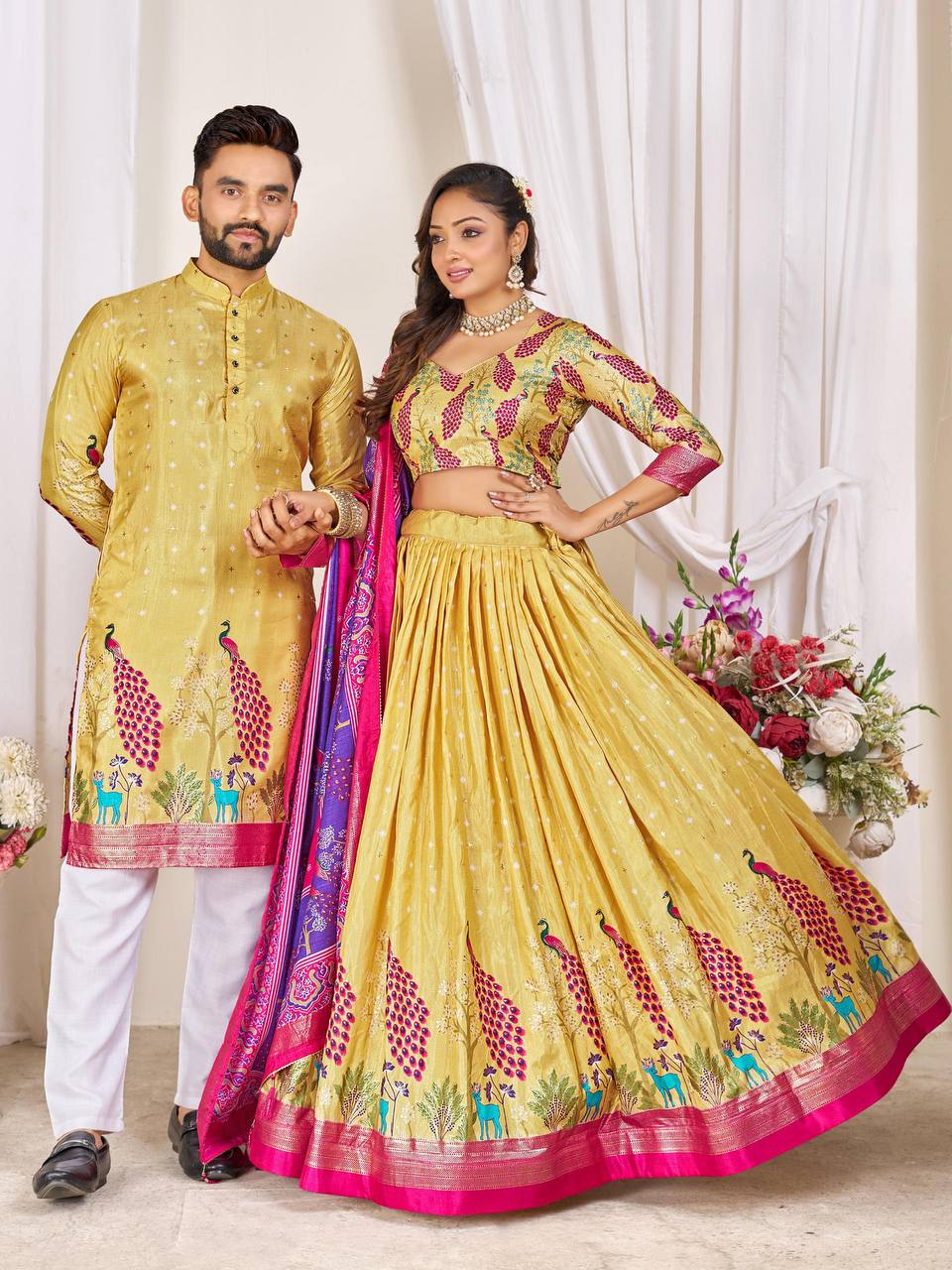 Couple's Matching Peacock Print Ethnic Wear With Floral Designs (Combo)