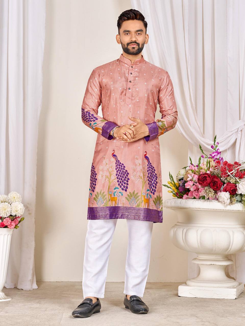 Couple's Matching Peacock Print Ethnic Wear With Floral Designs (Combo)