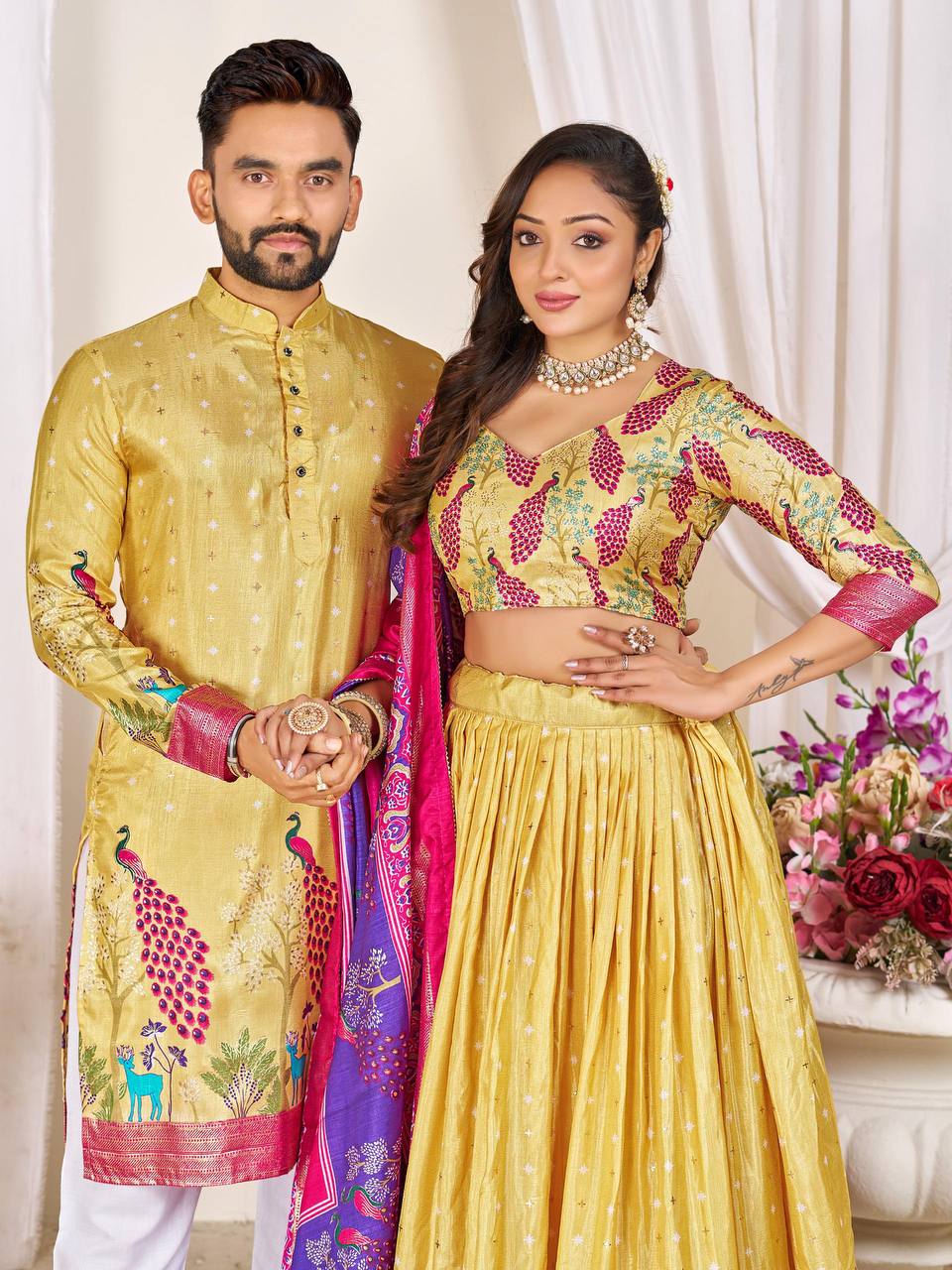 Couple's Matching Peacock Print Ethnic Wear With Floral Designs (Combo)