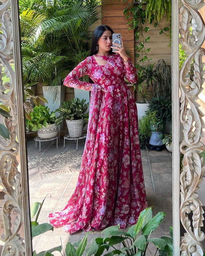 SHA SHARMA STYLISH NECK DESIGN SOFT GEORGETTE FLORAL PINK COLOR THREE PIECE ANARKALI SUIT