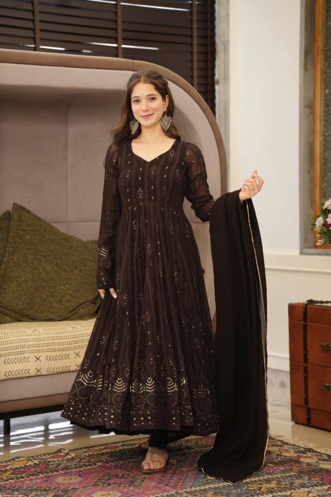 STYLISH BLACK COLOR SEQUENCE THREAD WORK ANARKALI GOWN