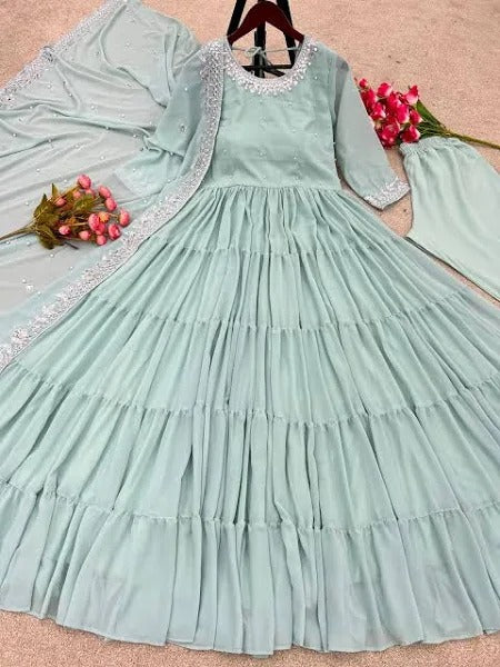 TRENDY PISTA GREEN COLOR RUFFLE STYLE ANARKALI GOWN