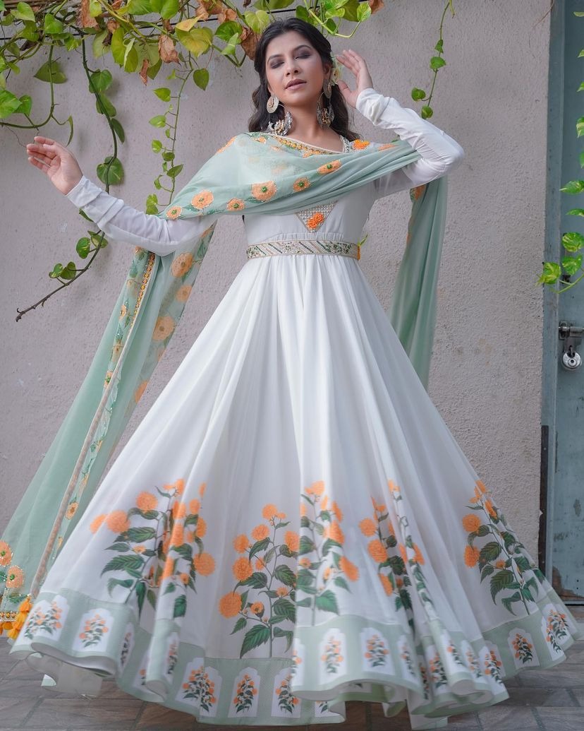 WHITE COLOR EMBROIDERY WORK & DIGITAL PRINTED GOWN