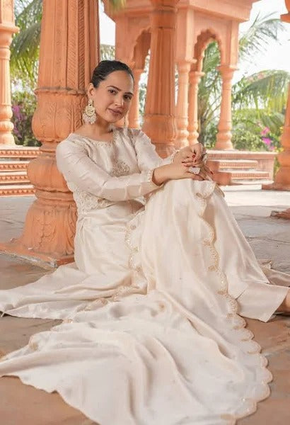 Cream Embroidered Silk Blend Anarkali Kurta With Dupatta Set