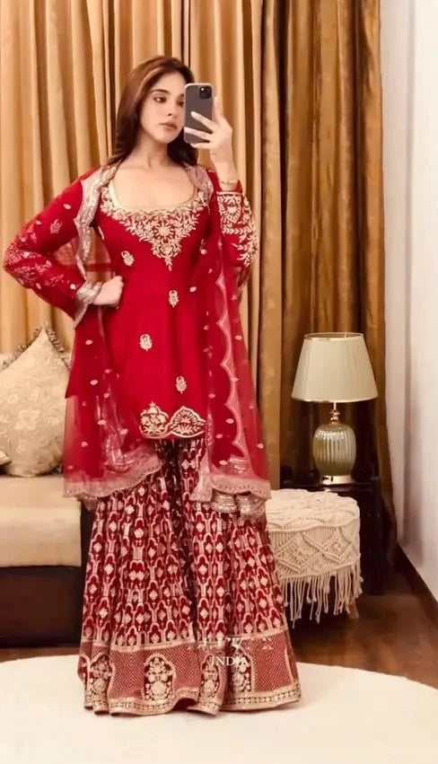 Launching New Designer Party Wear Look Fancy Top-Dupatta and Fully Stitched Sharara*