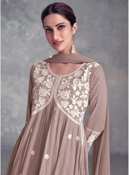 Rosy Brown Floral Embroidered Rayon Salwar Suit