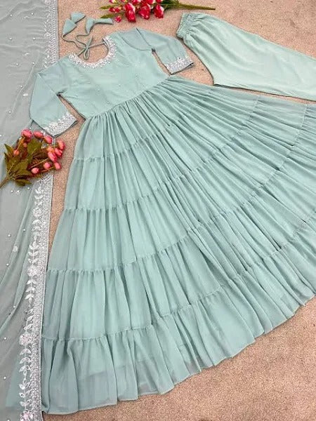 TRENDY PISTA GREEN COLOR RUFFLE STYLE ANARKALI GOWN