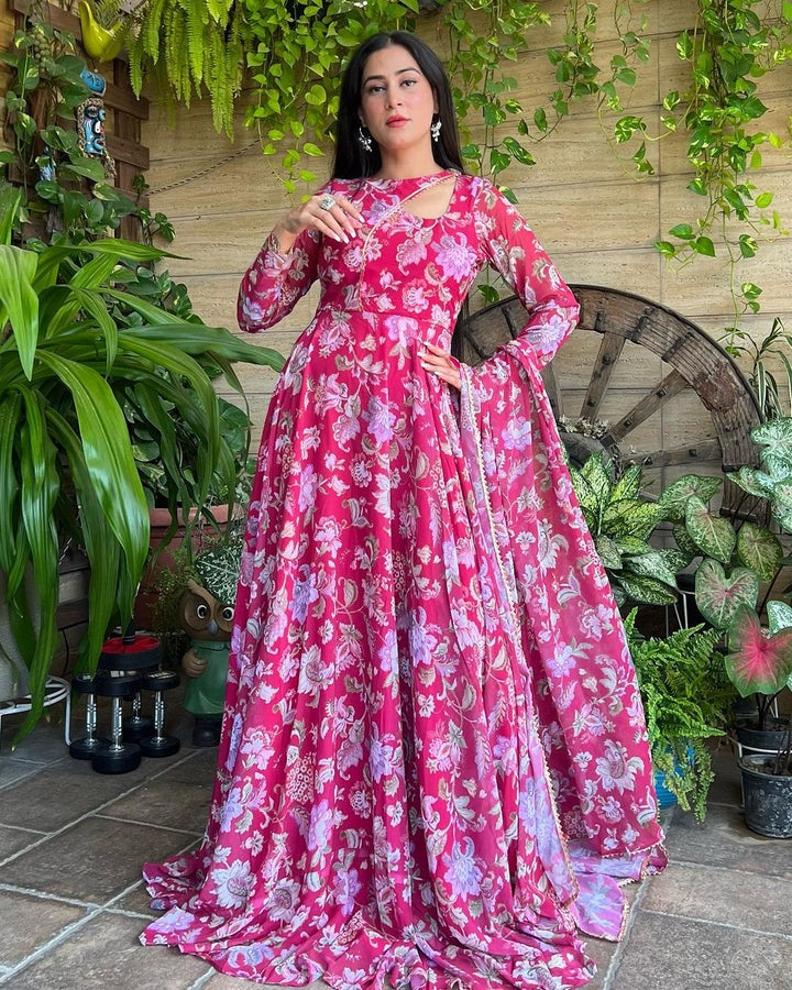 SHA SHARMA STYLISH NECK DESIGN SOFT GEORGETTE FLORAL PINK COLOR THREE PIECE ANARKALI SUIT