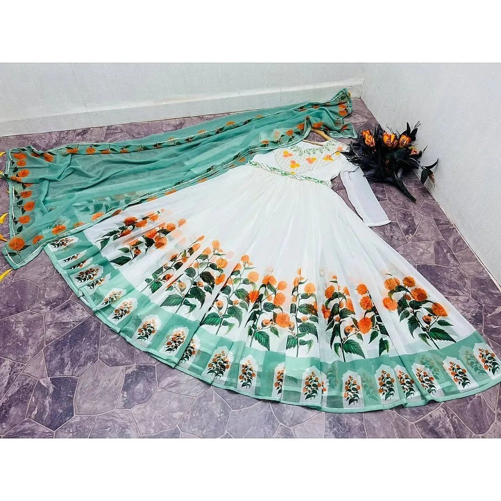 WHITE COLOR EMBROIDERY WORK & DIGITAL PRINTED GOWN