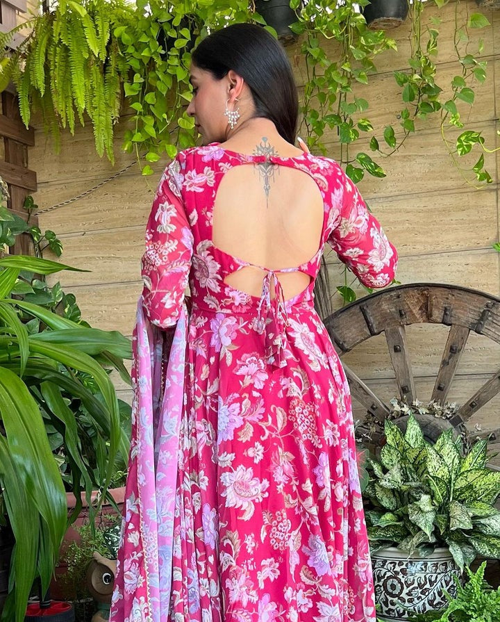 SHA SHARMA STYLISH NECK DESIGN SOFT GEORGETTE FLORAL PINK COLOR THREE PIECE ANARKALI SUIT