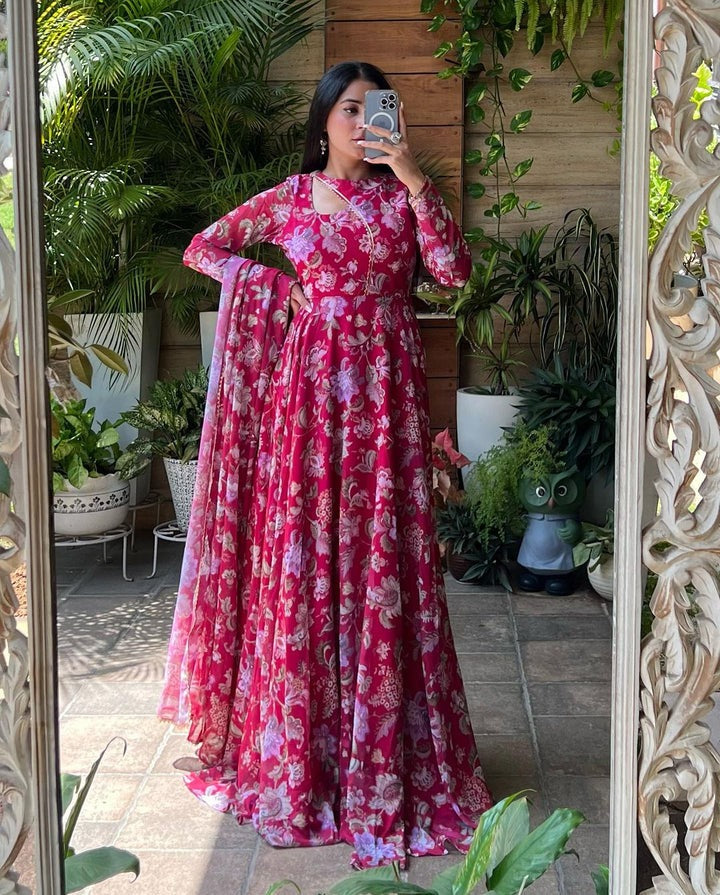 SHA SHARMA STYLISH NECK DESIGN SOFT GEORGETTE FLORAL PINK COLOR THREE PIECE ANARKALI SUIT