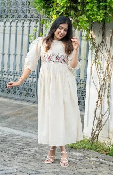 Off White Crochet Lace Work Cotton Anarkali Gown