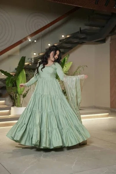 GORGEOUS PISTA GREEN ANARKALI GOWN WITH BANARASI SILK DUPATTA