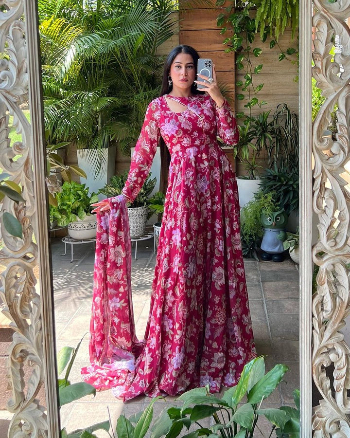 SHA SHARMA STYLISH NECK DESIGN SOFT GEORGETTE FLORAL PINK COLOR THREE PIECE ANARKALI SUIT