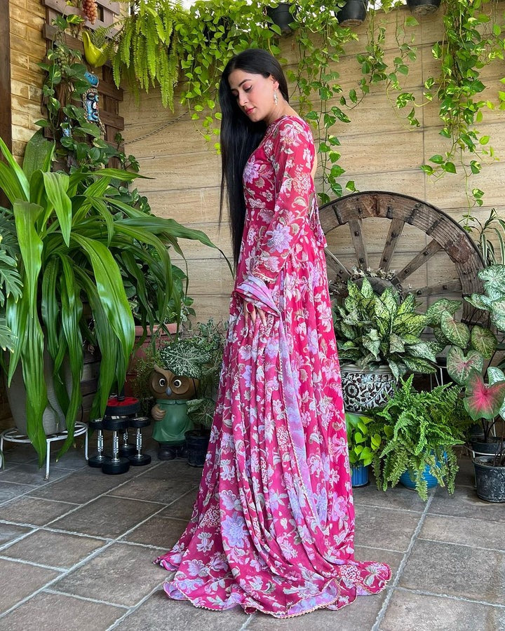 SHA SHARMA STYLISH NECK DESIGN SOFT GEORGETTE FLORAL PINK COLOR THREE PIECE ANARKALI SUIT