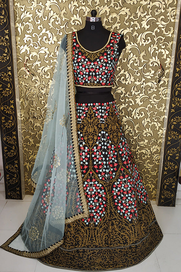 Designer Black Taffeta Silk Semi Stitch Lehenga Choli