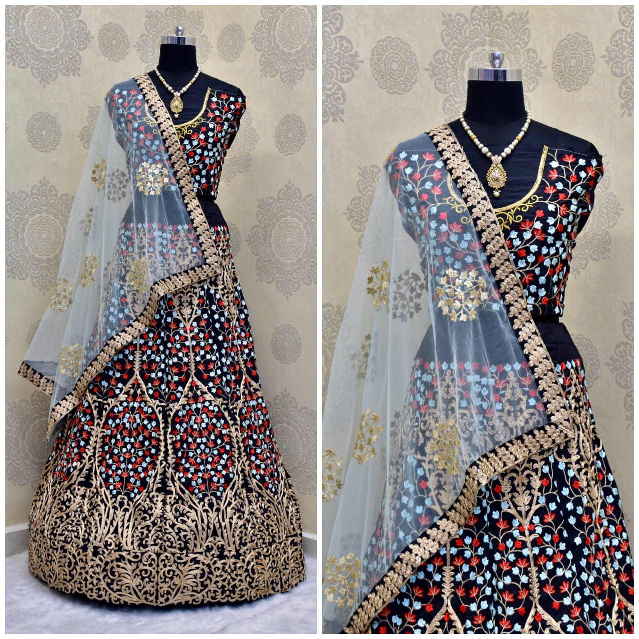 Designer Black Taffeta Silk Semi Stitch Lehenga Choli
