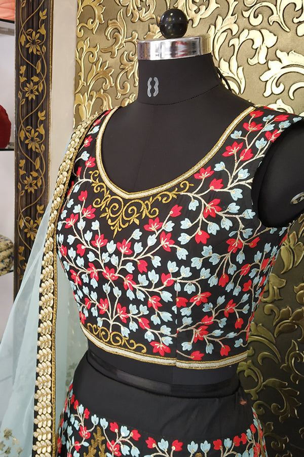 Designer Black Taffeta Silk Semi Stitch Lehenga Choli