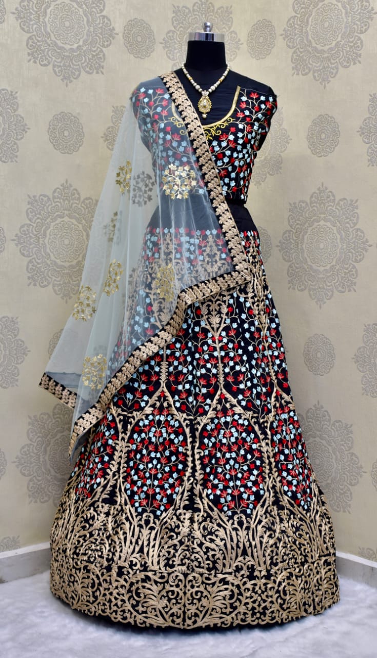 Designer Black Taffeta Silk Semi Stitch Lehenga Choli