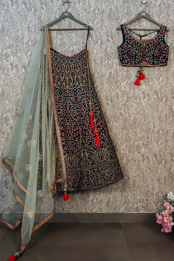 Designer Black Taffeta Silk Semi Stitch Lehenga Choli