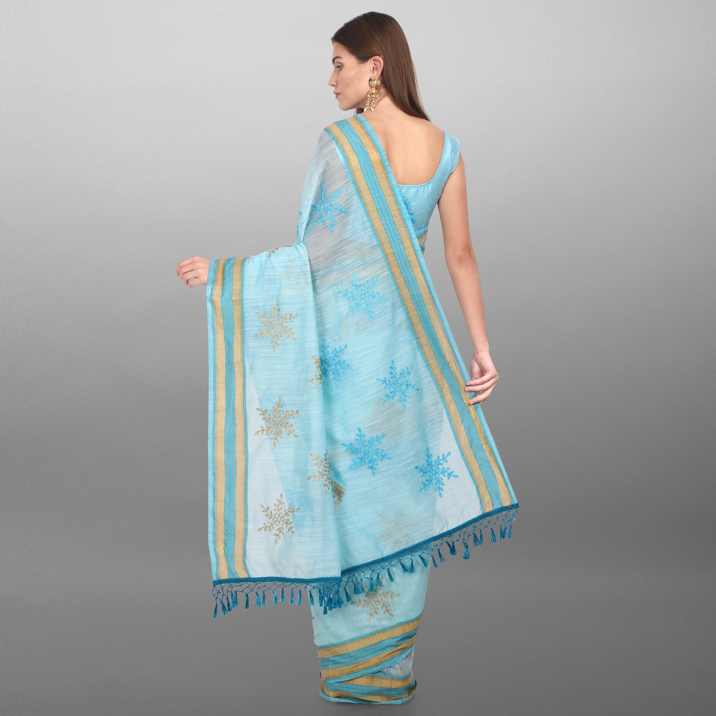 Blue Color Embroidery Work Saree For Girls