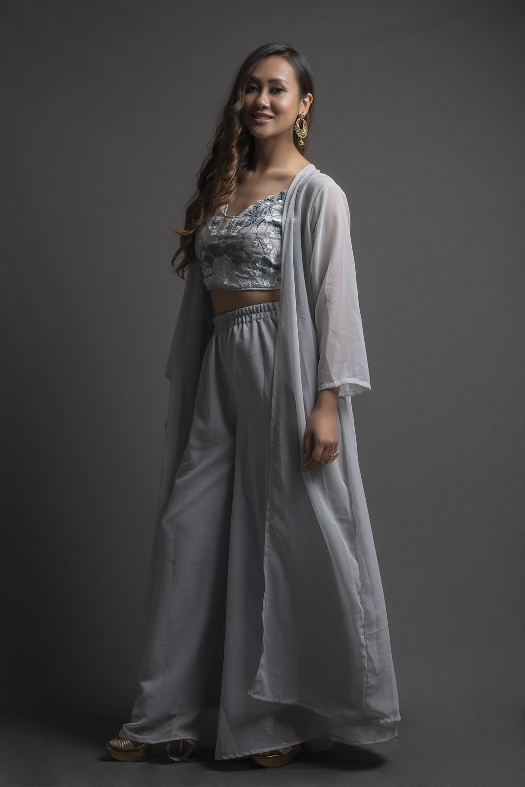 New Grey Color Sharara Crepe Blouse Design
