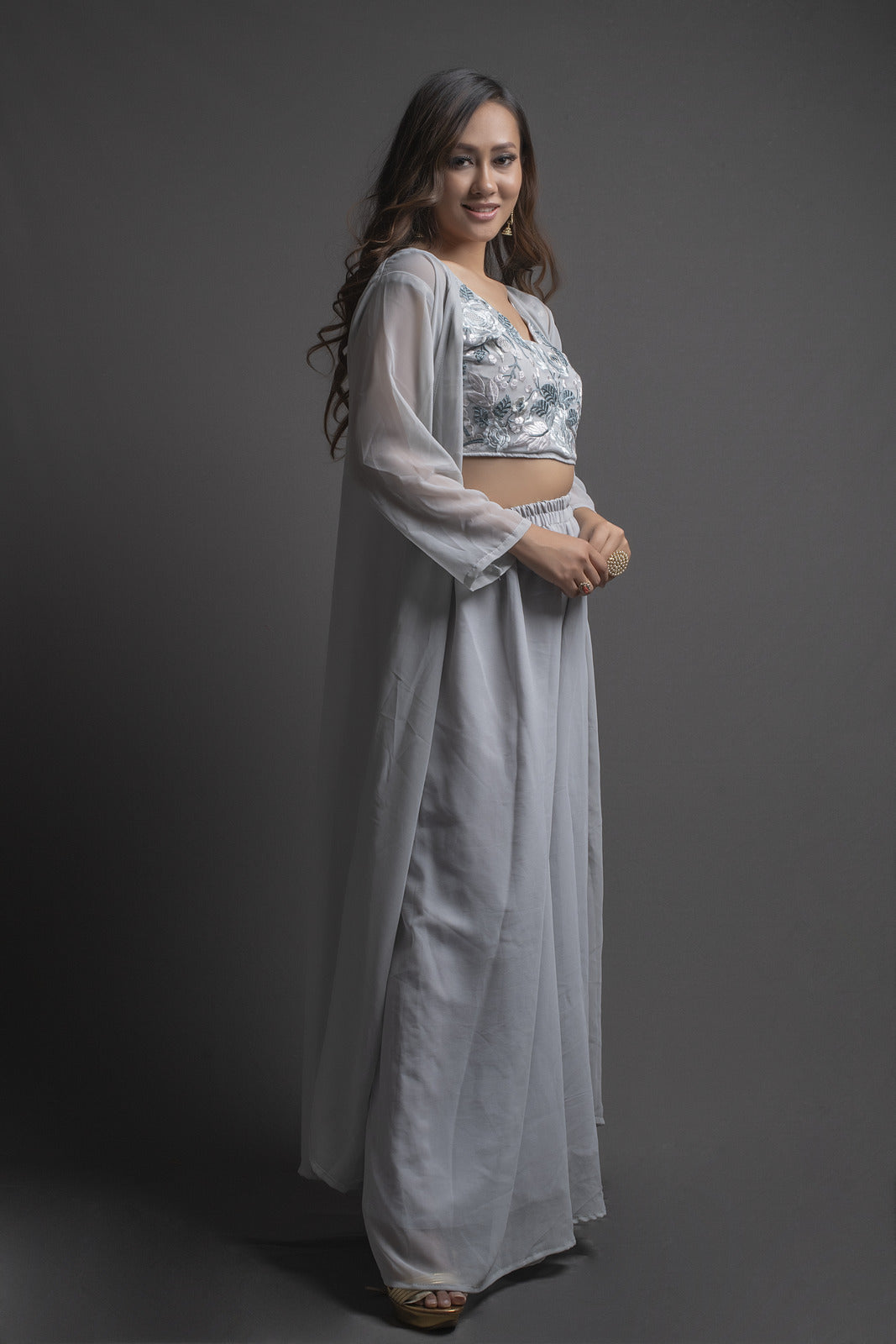 New Grey Color Sharara Crepe Blouse Design