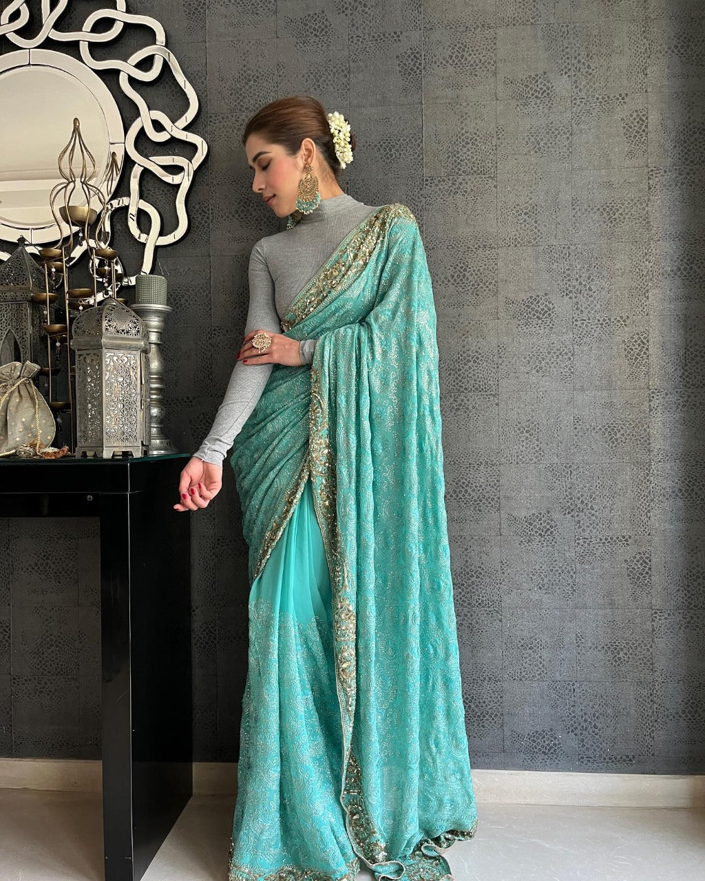 Arctic Color Saree On French Crepe With Sequin Work