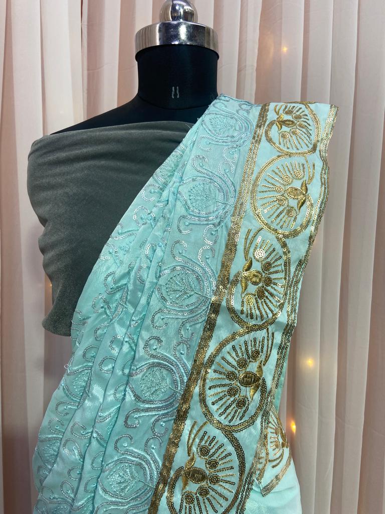Arctic Color Saree On French Crepe With Sequin Work
