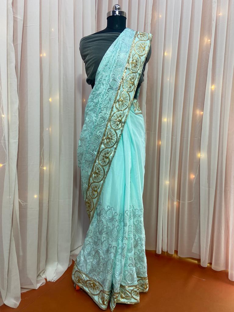 Arctic Color Saree On French Crepe With Sequin Work