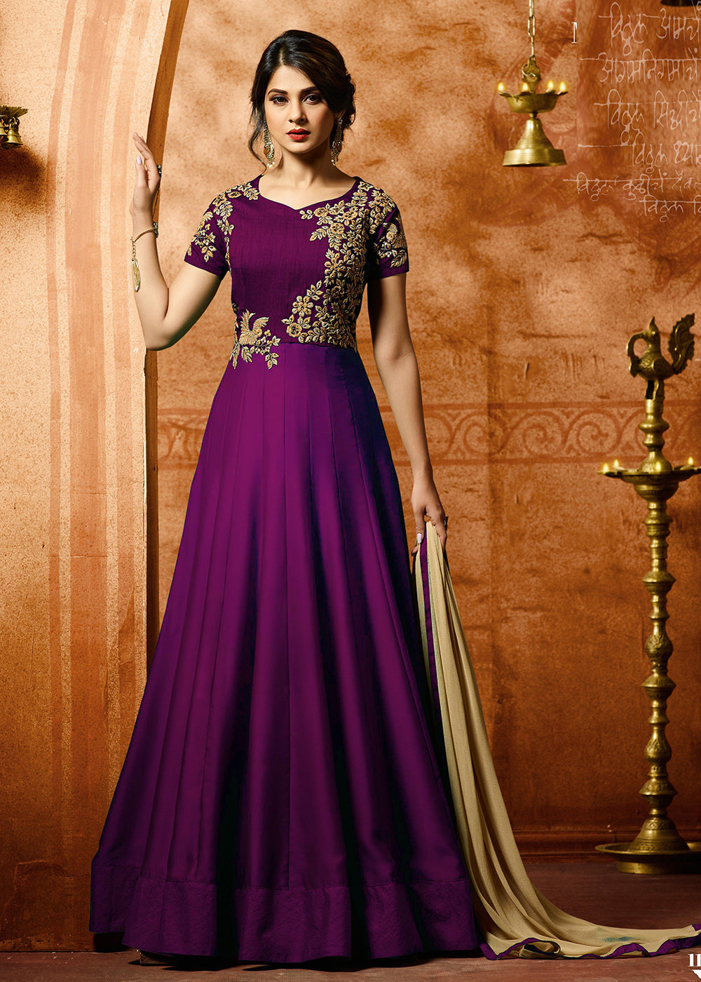 Jennifer Winget Purple Georgette Party Wear Embroidered Anarkali Suit