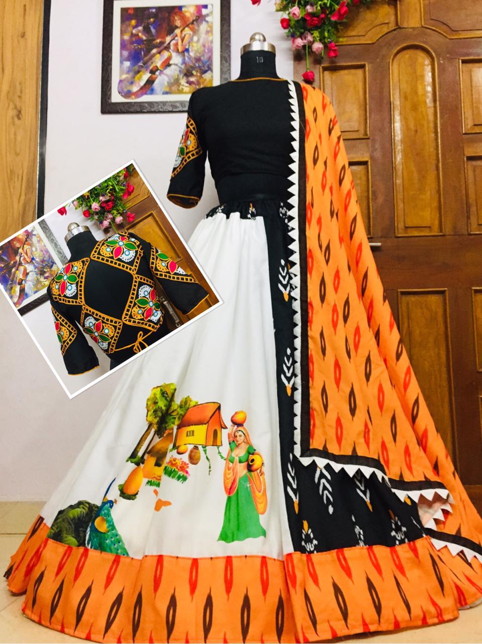 Extraordinary Garba Special Black And White Color Digital Print Lahenga Choli