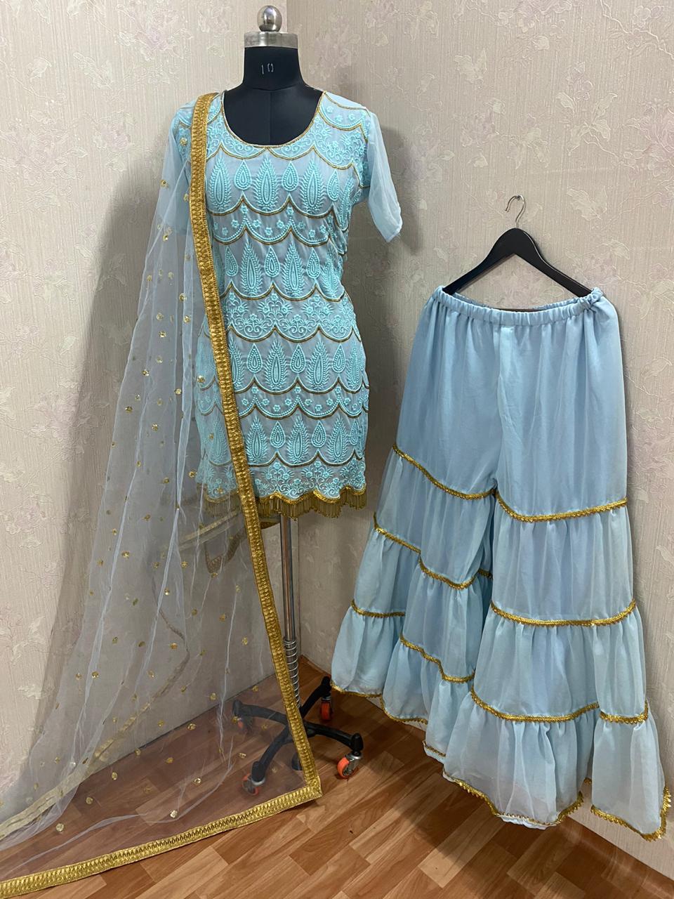 Latest Sky Blue Party Wear Sharara Set