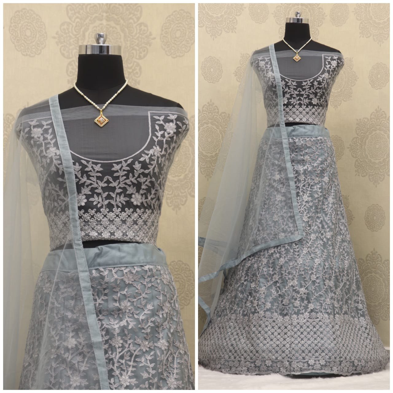 Stylish Tishu With Heavy Embroidery Work Sky Blue Color Lehenga Choli